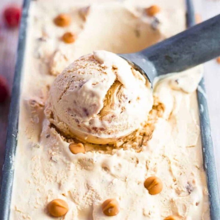 A scoop of salted butterscotch no churn homemade ice cream