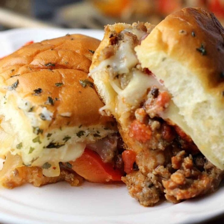 Sausage and peppers Hawaiian roll sliders cooked after reading these Tailgating recipes