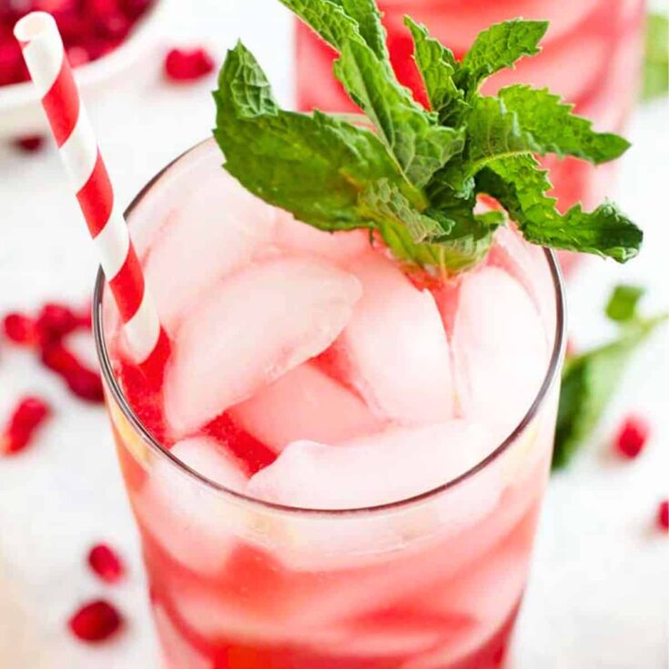 A glass of sparkling pomegranate lemonade summer mocktail