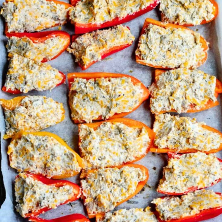 A tray of stuffed mini sweet peppers cooked after reading these Halloween starters