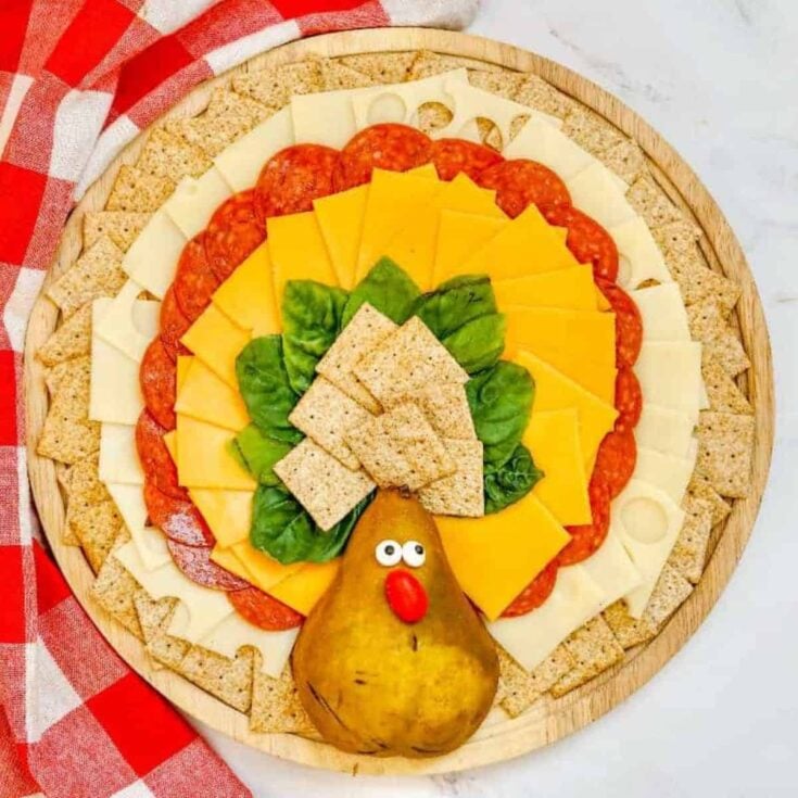 Turkey charcuterie board filled with cheese, biscuits and more, cooked after reading these Thanksgiving appetizers