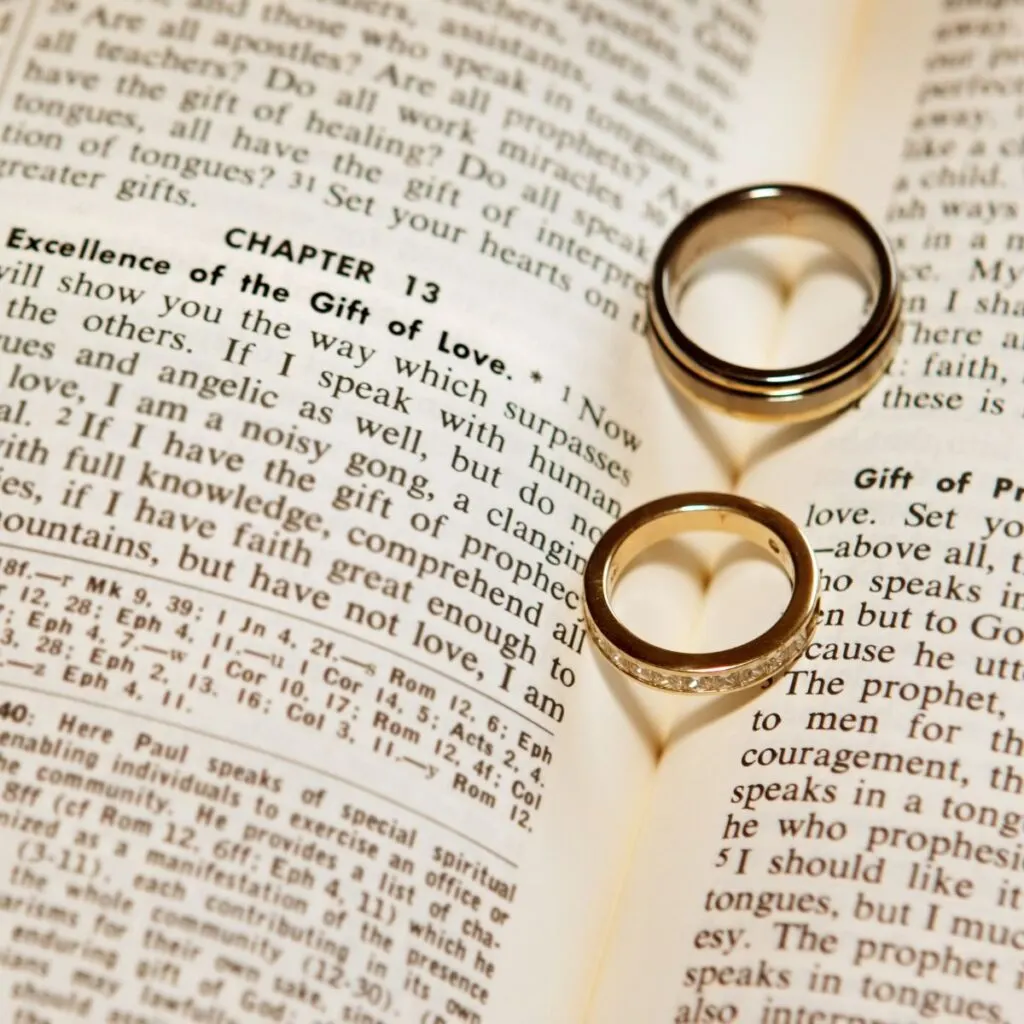 A bible with a set of wedding rings: Wedding wishes for son and daughter in law