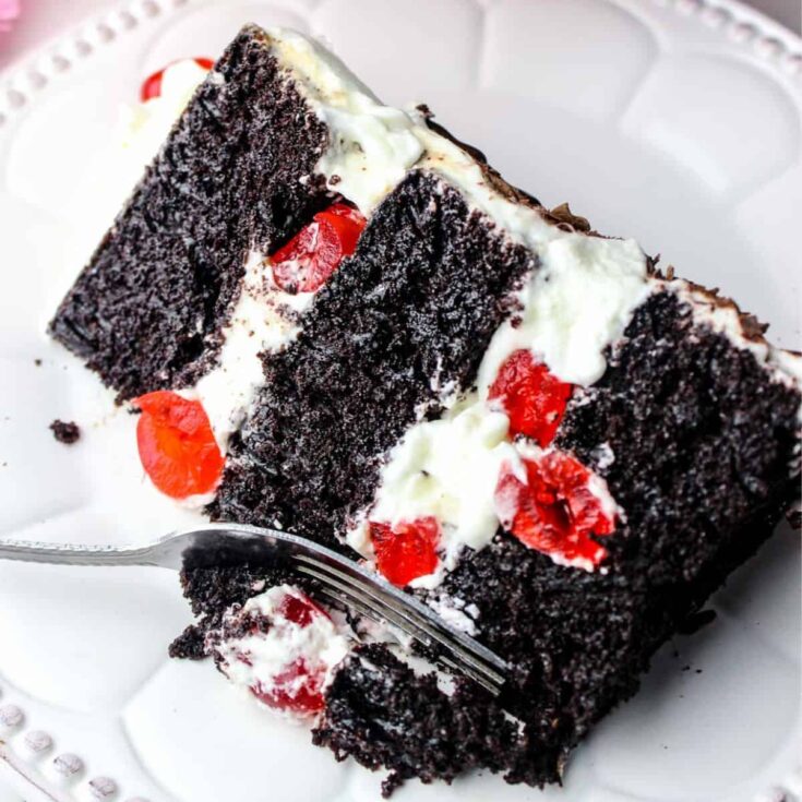 A slice of black forest cake, baked after reading these Christmas chocolate cake recipes