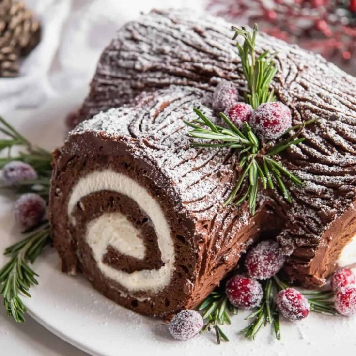 B&ucirc;che de No&euml;l log cake, baked after reading these Christmas chocolate cake recipes