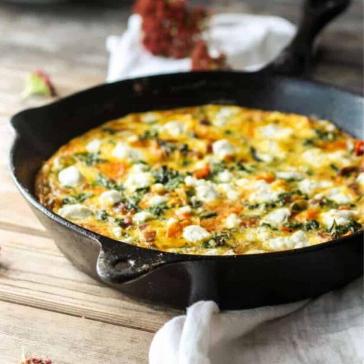 Butternut squash, bacon, kale and goat cheese frittata prepared after reading these Fall breakfast ideas
