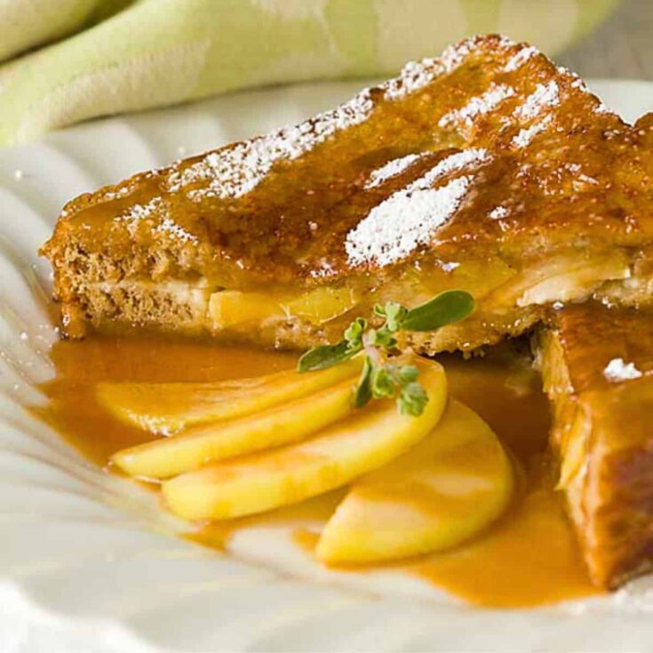 A plate of caramel apple French toast baked after reading these Fall breakfast ideas