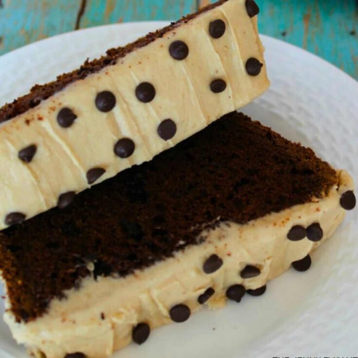 A plate of caramel chocolate pumpkin bread slices baked after reading these Chocolate Thanksgiving Desserts