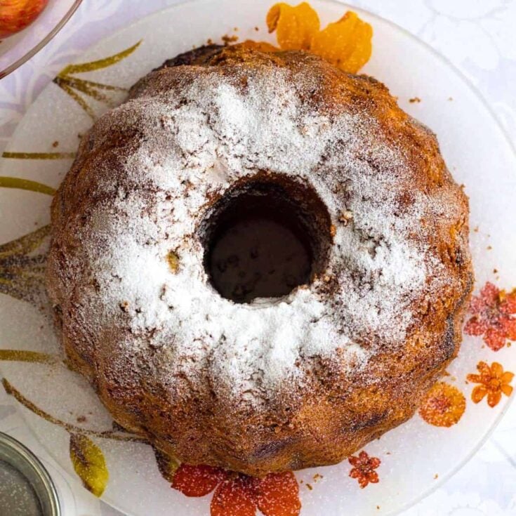 A ring of chocolate apple cake baked after reading Chocolate Thanksgiving Desserts