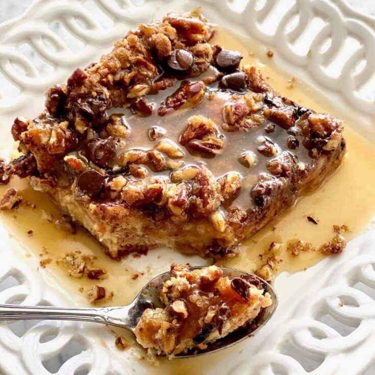 A plate of chocolate brioche bread pudding baked after reading these Chocolate Thanksgiving Desserts