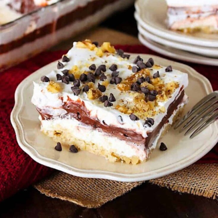 A plate of chocolate lush baked after reading these Chocolate Thanksgiving Desserts