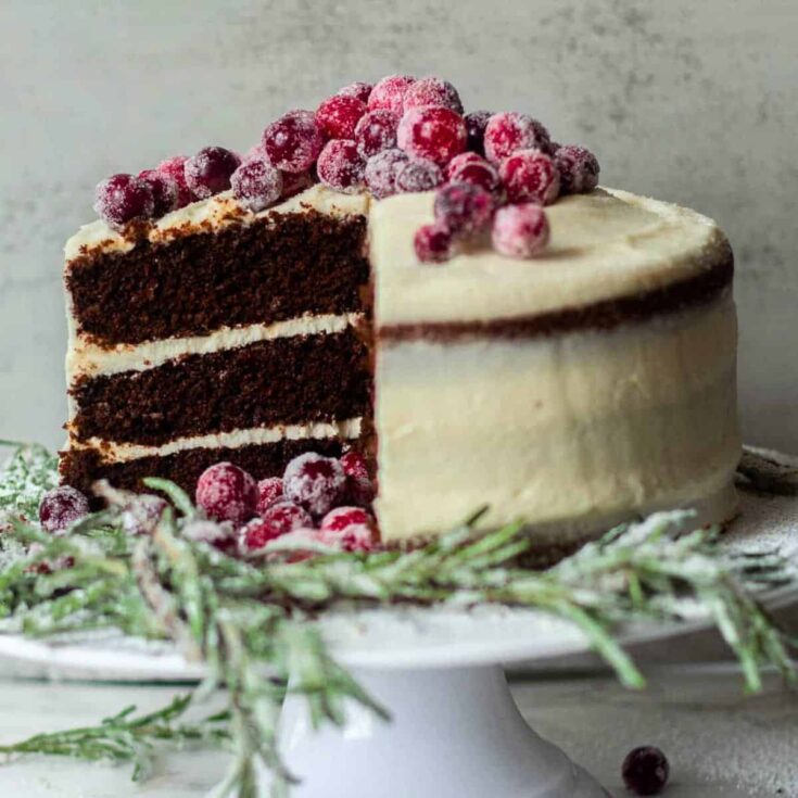 Chocolate spice cake with cream cheese frosting baked after reading these Chocolate Thanksgiving Desserts