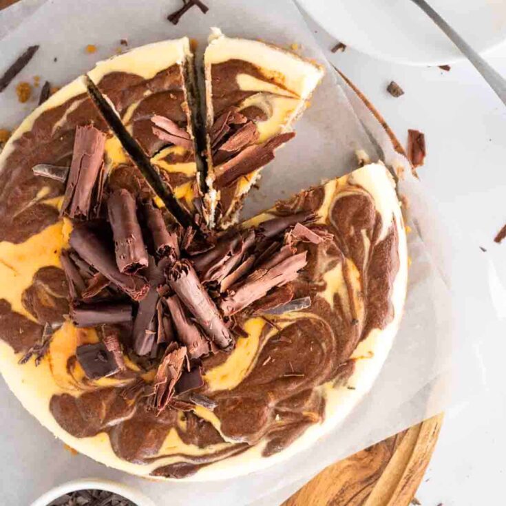 Chocolate swirl cheesecake baked after reading these Chocolate Thanksgiving Desserts