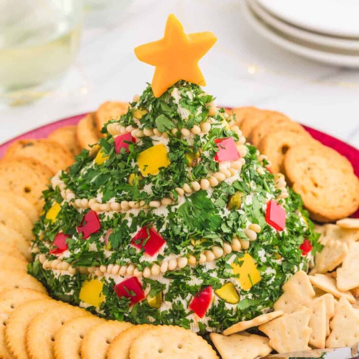 Christmas tree cheese ball surrounded by biscuits, prepared after reading these Christmas appetizers