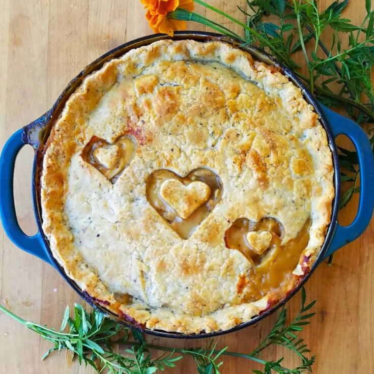 A homemade chicken pot pie with heart cuts prepared after reading these Comfort food recipes