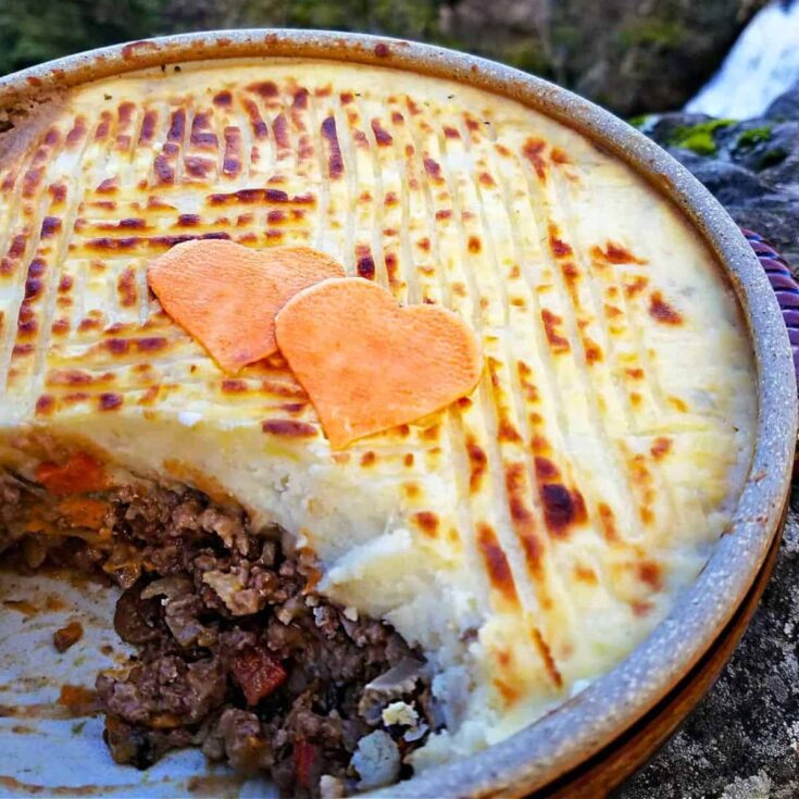 Classic shepherds pie with heart cut outs in the middle, prepared after reading these Comfort food recipes