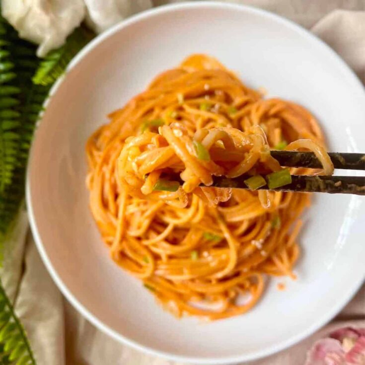 A plate of creamy Gochujang pasta cooked after reading these Comfort food recipes