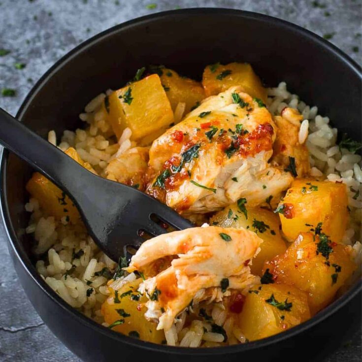 A bowl of crockpot Hawaiian chicken cooked after reading these Comfort food recipes