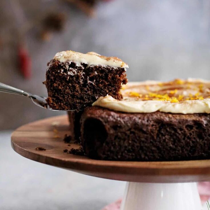 A slice of easy chocolate gingerbread cake baked after reading these Christmas chocolate cake recipes