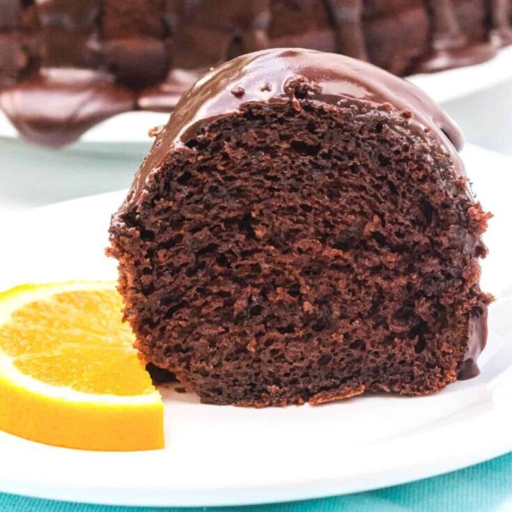 A slice of chocolate orange cake baked after reading these Christmas Bundt cake recipe
