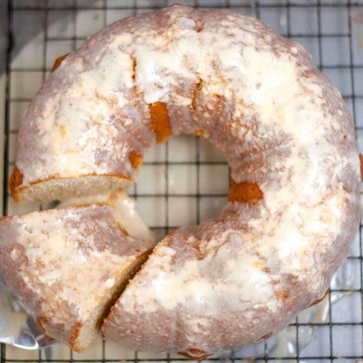 Sliced eggnog cake, baked after reading these Christmas Bundt cake recipes