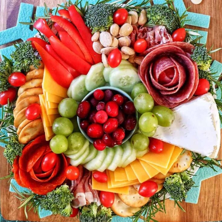 A charcuterie board filled with fruits, ham, cheese, biscuits, and more, prepared after reading these Christmas charcuterie board