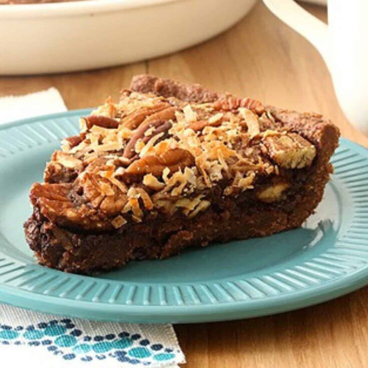 A plate of German chocolate pecan pie baked after reading these Chocolate Thanksgiving Desserts