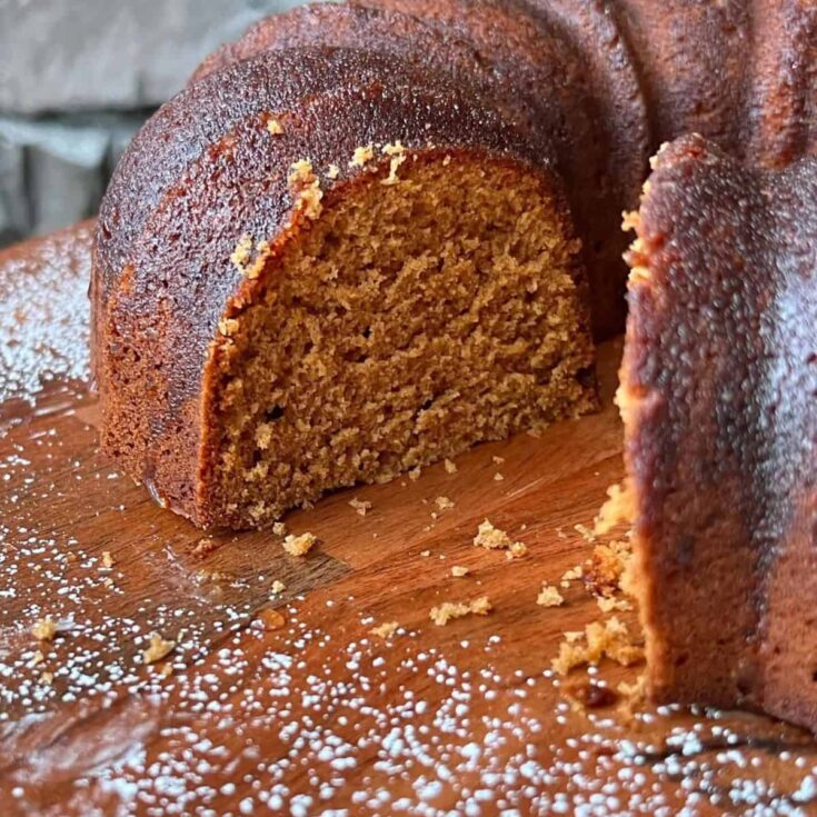 A sliced gingerbread cake baked after reading these Christmas Bundt cake recipes