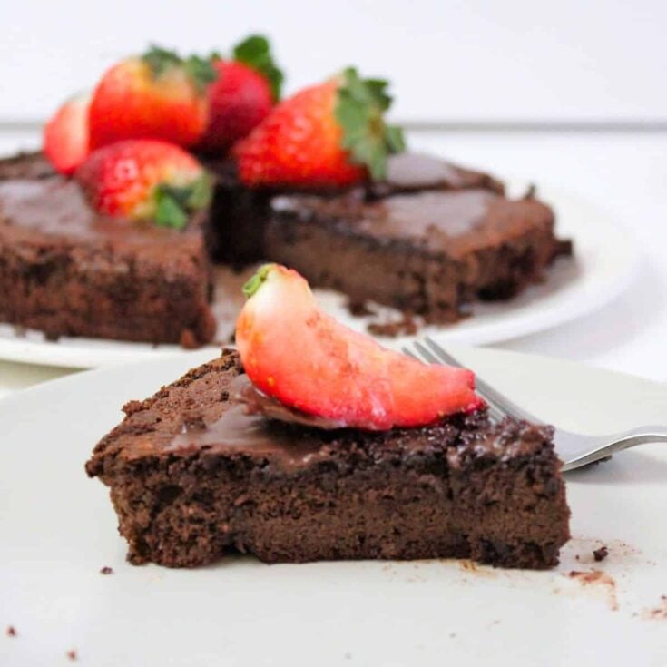 A slice of healthy flourless chocolate cake baked after reading these Valentines day cake recipes