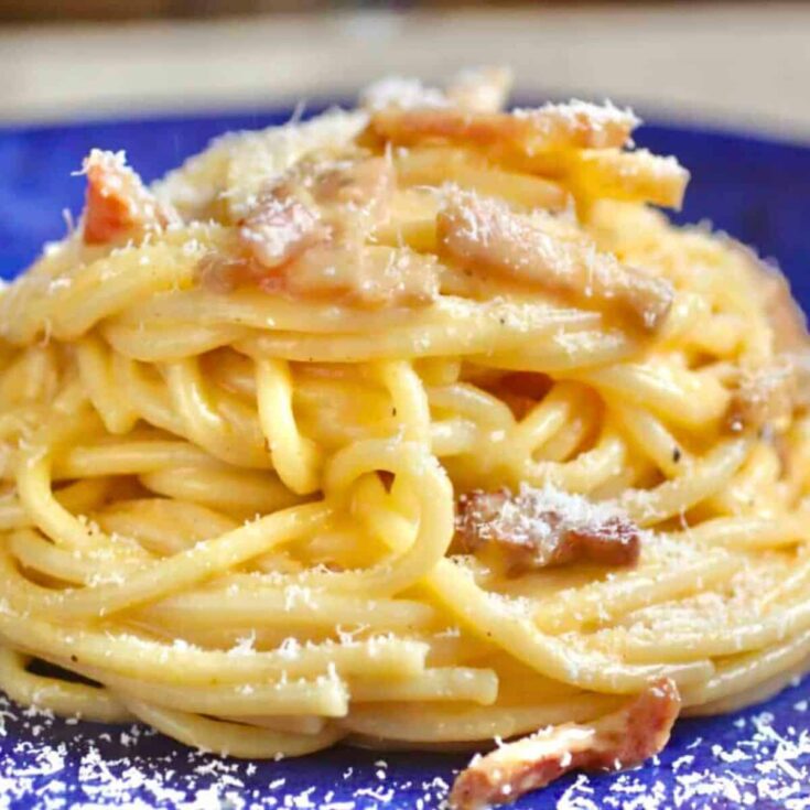A plate of pasta carbonara cooked after reading these Comfort food recipes