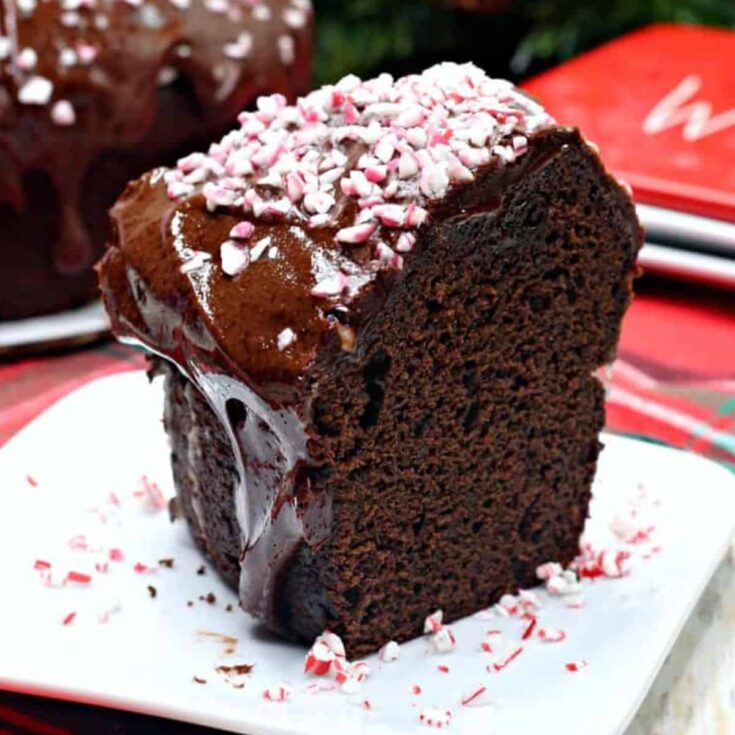 A slice of peppermint mocha bundt cake baked after reading these Christmas chocolate cake recipes