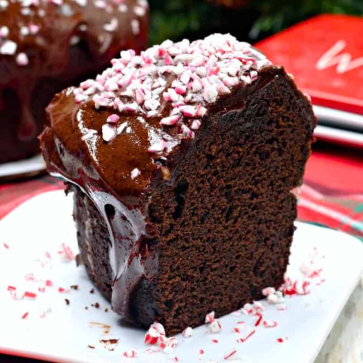 A slice of peppermint mocha cake baked after reading these Christmas Bundt cake recipes