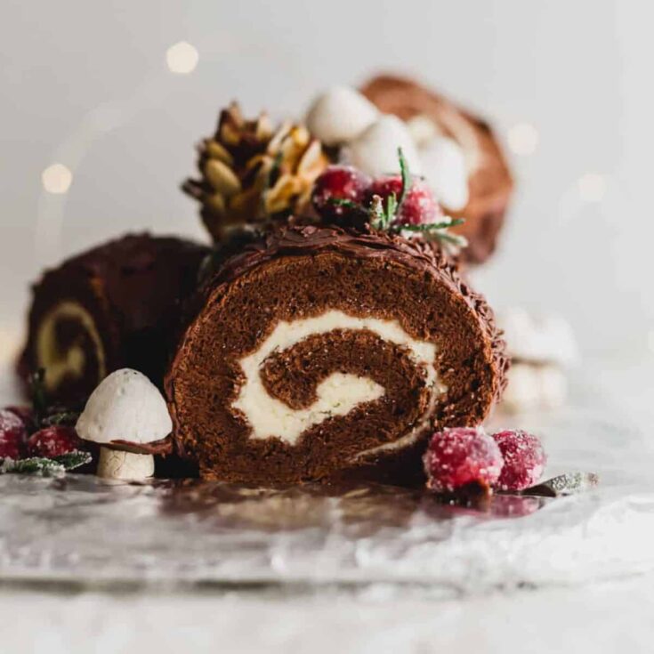 A slice of perfect Buche de Noel baked after reading these Christmas chocolate cake recipes