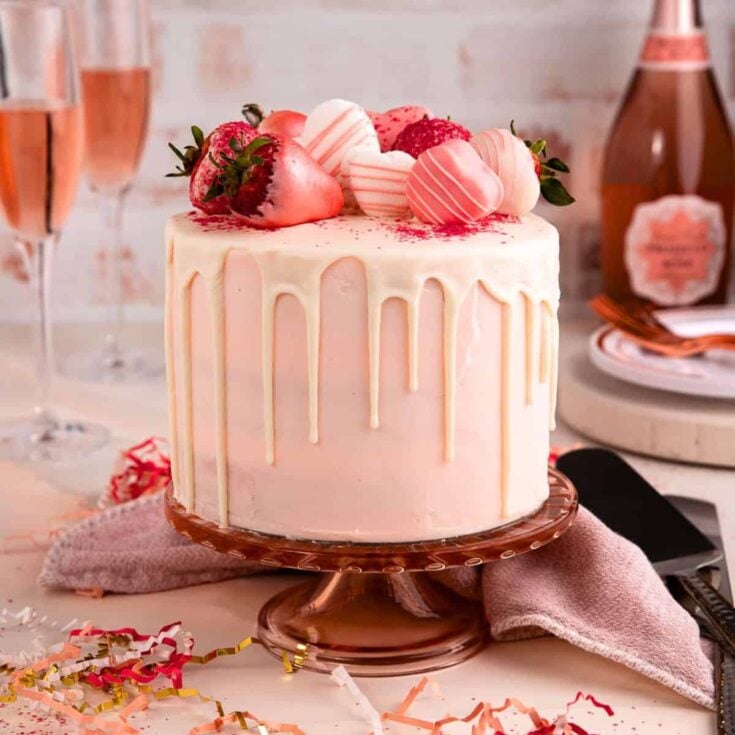 Pink champagne cake baked after reading these Valentines day cake recipes