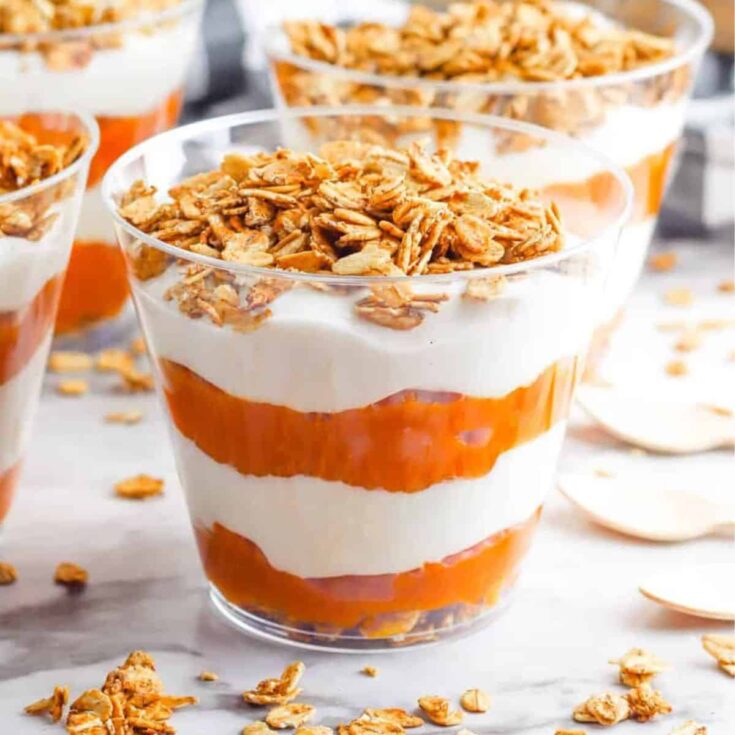 Pumpkin Greek yogurt parfait prepared after reading these Fall breakfast ideas