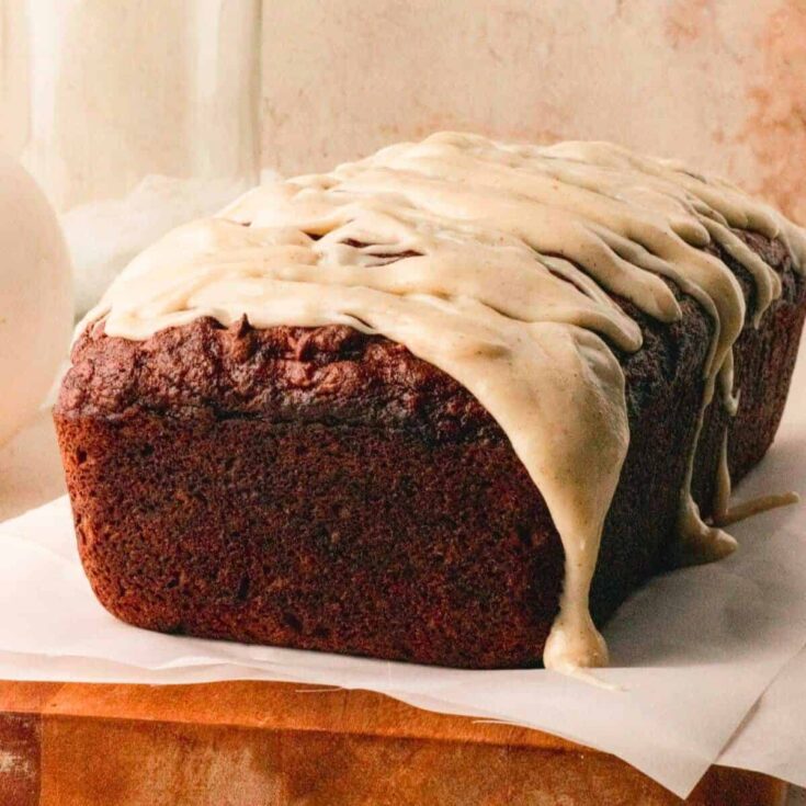 Pumpkin banana bread with a brown butter glaze baked after reading these Fall breakfast ideas
