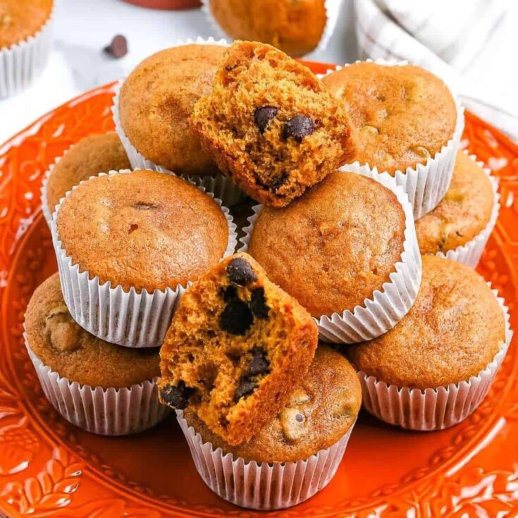 A stack of pumpkin chocolate chip muffins baked after reading these Fall breakfast ideas