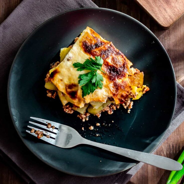 A plate of potato moussaka cooked after reading these Comfort food recipes