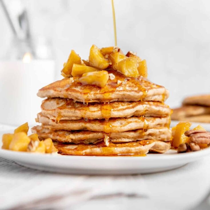 A stack of vegan apple pancakes prepared after reading these Fall breakfast ideas