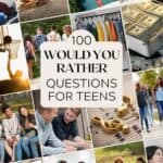 A collage of a beach, a man doing bungee jump, a mother and daughter talking, a silhouette of a boy playing basketball, a group of teens walking, a set of clothes, a pile of money, a music sheet, with the text overlay 100 would you rather questions for teens