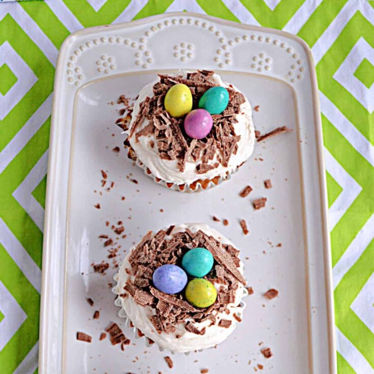 Two bird's nest carrot cake with chocolate chunks, baked after reading these Easter cupcakes recipes