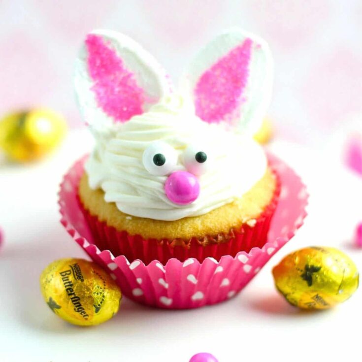 A bunny cupcake with a surprise inside baked after reading these Easter cupcakes recipes