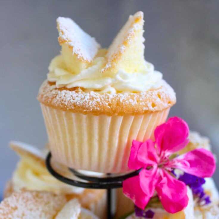 British Butterfly Cupcakes with a pink flower on the side, baked after reading these Easter cupcakes recipes