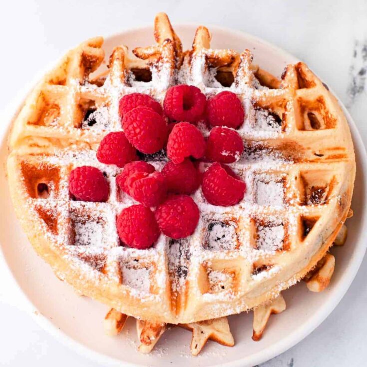 Chocolate chip waffles topped with raspberries made after reading these Wonderful waffle recipes