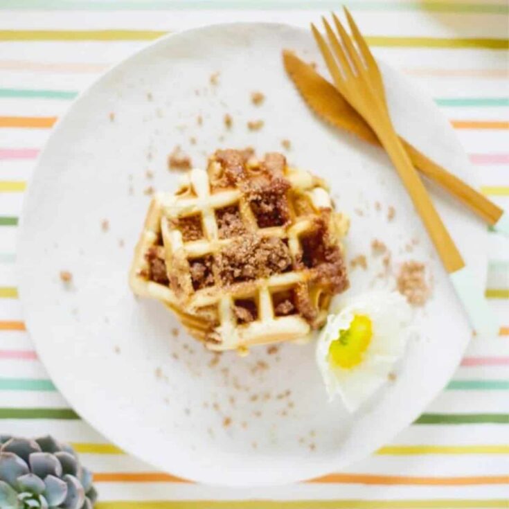 A plate of cinnamon crumb coffee cake made after reading these Wonderful waffle recipes