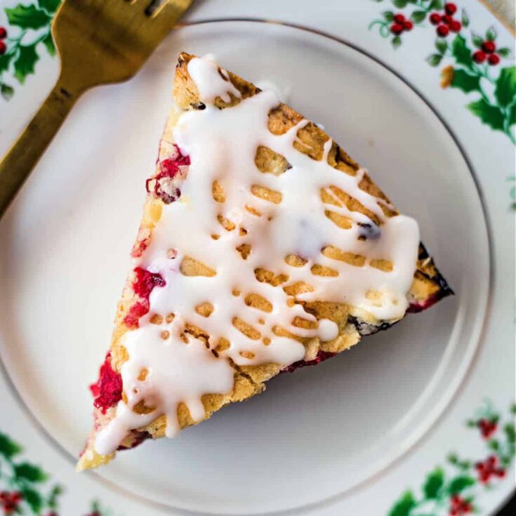A slice of cranberry cake with white cream on top, baked after reading these Christmas cake recipes