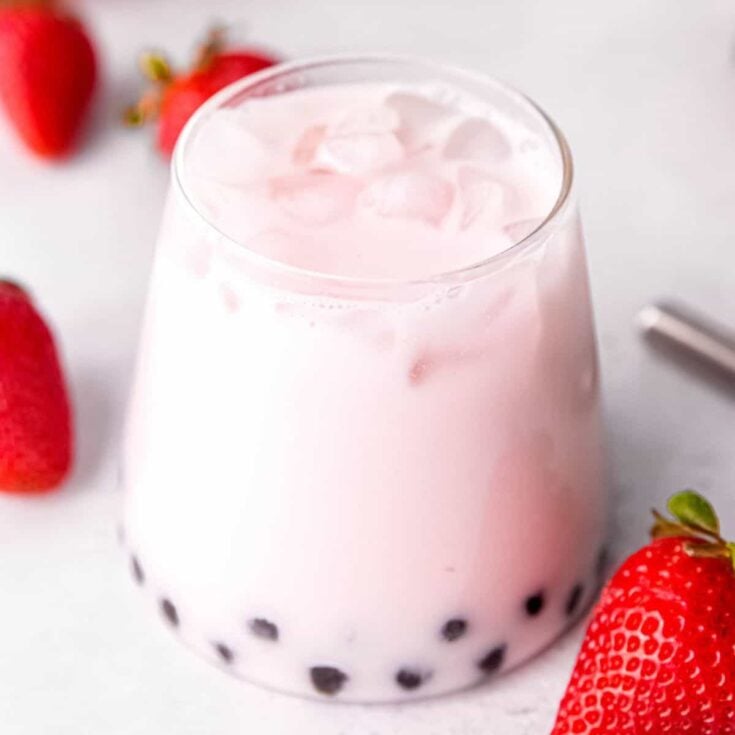 Strawberry milk tea with pearls made after reading these non-alcoholic pink drinks for Valentine's Day