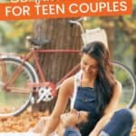 A teen couple at a park, the girl sitting on the ground with the man laying down on her thighs, with the text overlay 35 Fall date ideas for teen couples