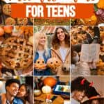 A collage of fall cookies, a pie, a teen couple, someone reading a book, fall arts and crafts, and a couple wearing their halloween costume, with the text overlay Fall date ideas for teens