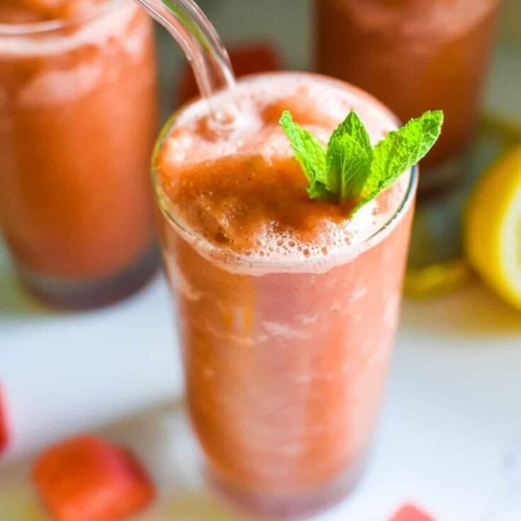 Frozen watermelon mint lemonade made after reading these non-alcoholic pink drinks for Valentine's Day