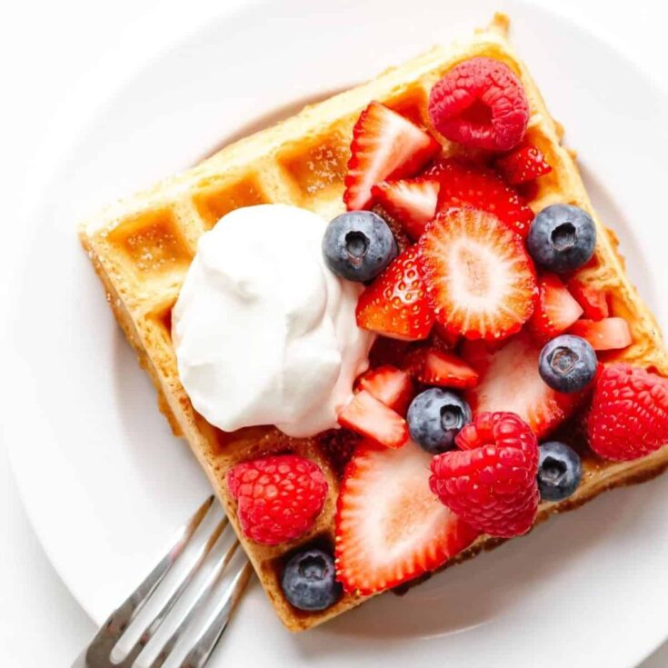 German waffles topped with blueberries, strawberries, and raspberries, made after reading these Wonderful waffle recipes